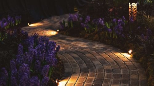 Petites lampes de jardin allumée le long d'un chemin